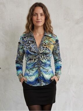 Vintage 90s Y2K Cache Silk Ruched Multi-Print Gold Snap Button-Down Blouse